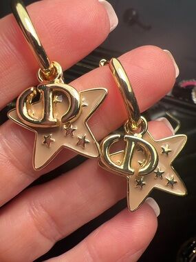 Gold Star Hoop Earrings with Beige Enamel Accent